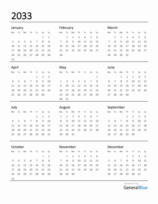 Printable Calendar for 2033