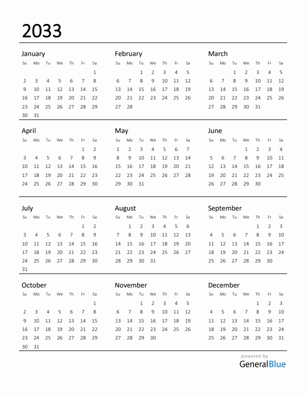 Printable Calendar for 2033