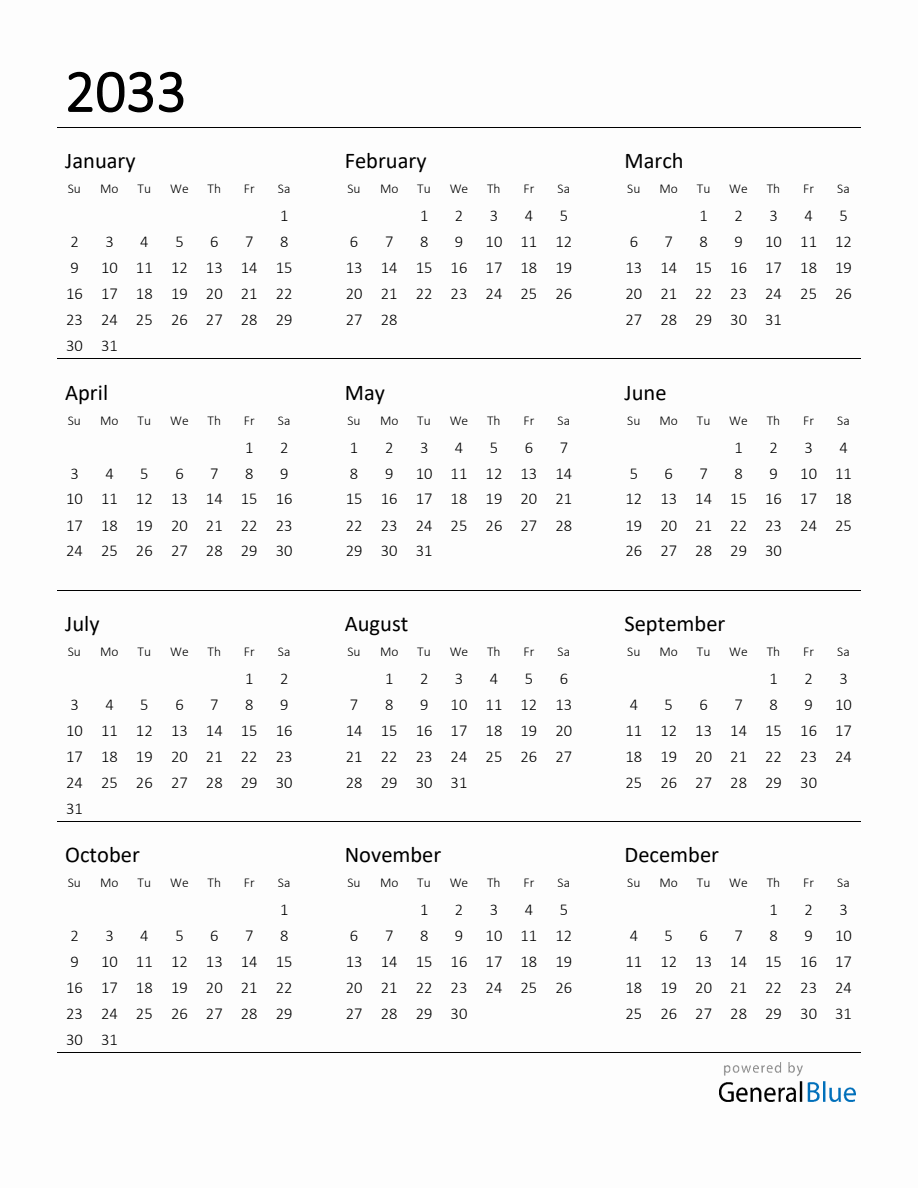 Printable Calendar for 2033