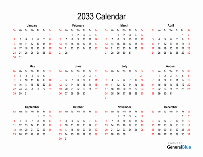 Free Calendar for 2033