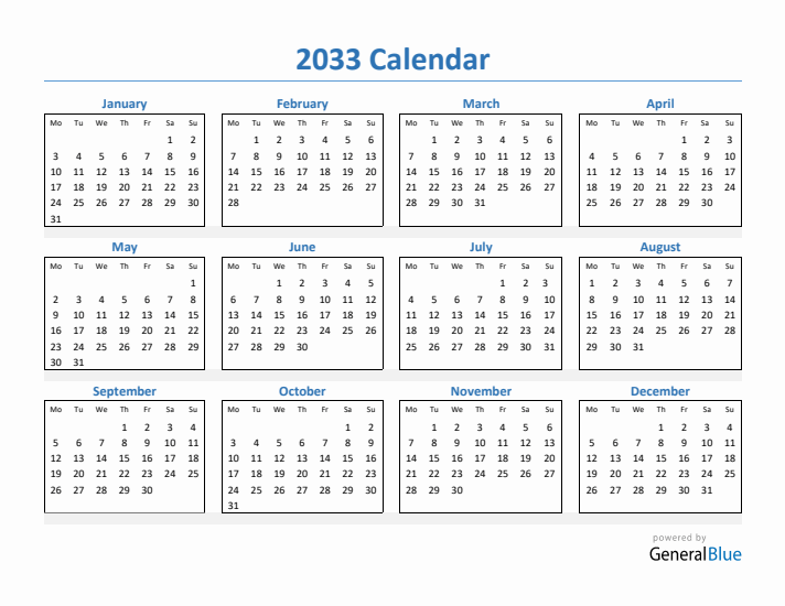 2033 Simple Yearly Calendar (PDF Excel Word)