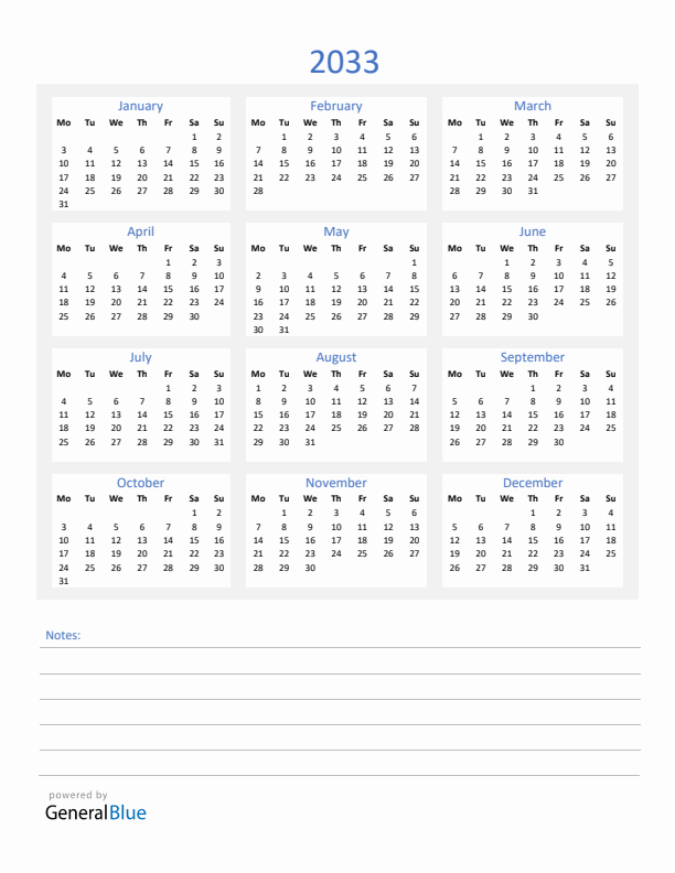 2033 Yearly Calendar Template with Notes Section (PDF Excel Word)