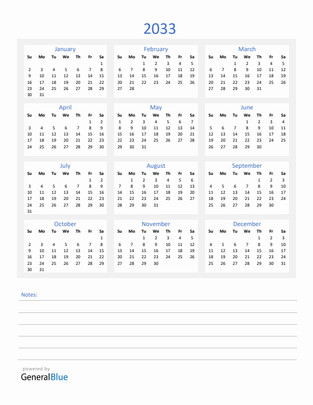 2033 Yearly Calendar Template with Notes Section (PDF Excel Word)