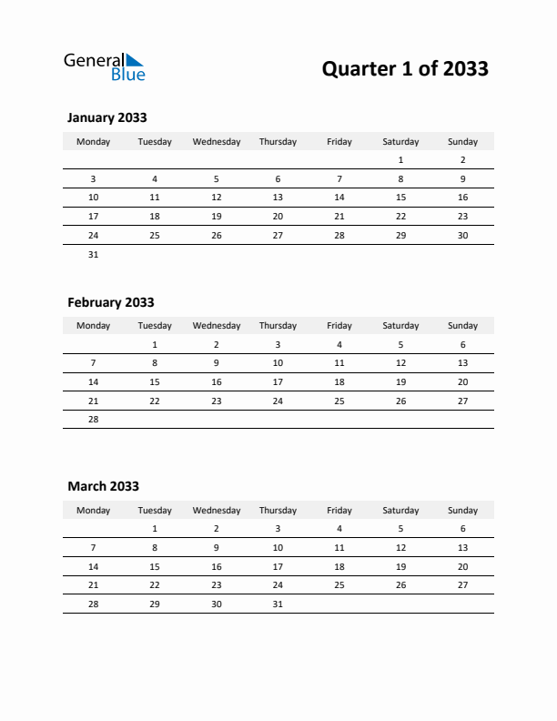 2033 Three-Month Calendar (Quarter 1)