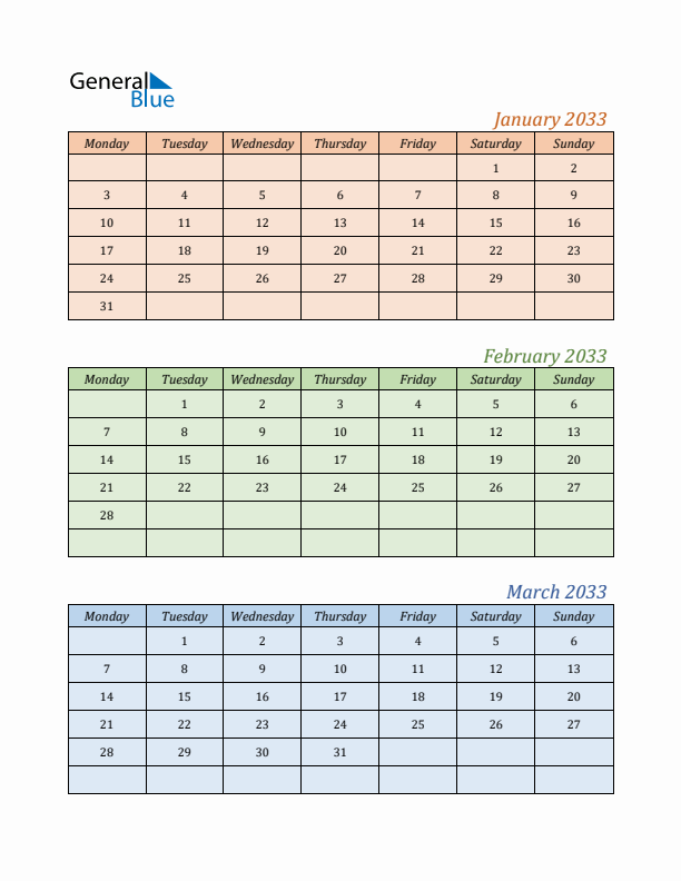 Three-Month Calendar for Year 2033 (January, February, and March)