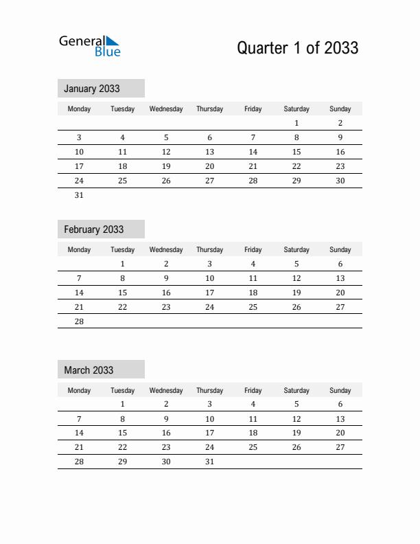 January, February, and March Calendar 2033