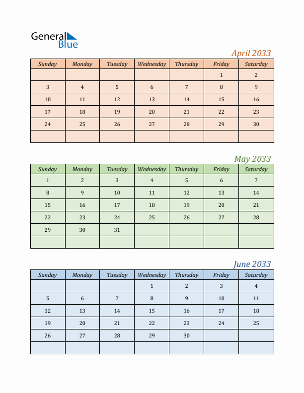 Three-Month Calendar for Year 2033 (April, May, and June)