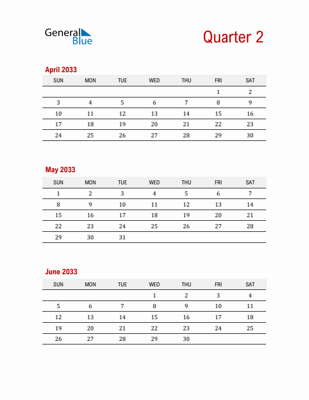 Three-Month Printable Calendar 2033