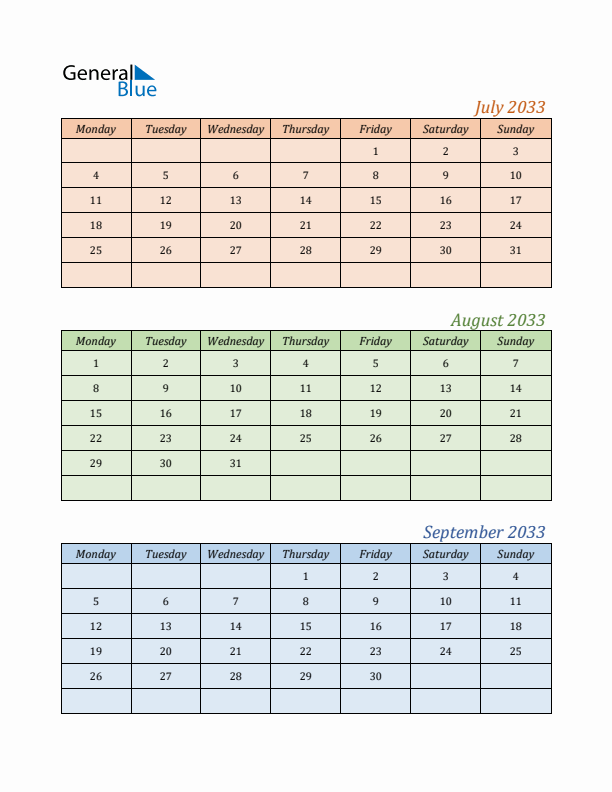 Three-Month Calendar for Year 2033 (July, August, and September)
