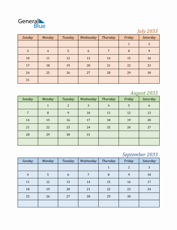 Three-Month Calendar for Year 2033 (July, August, and September)