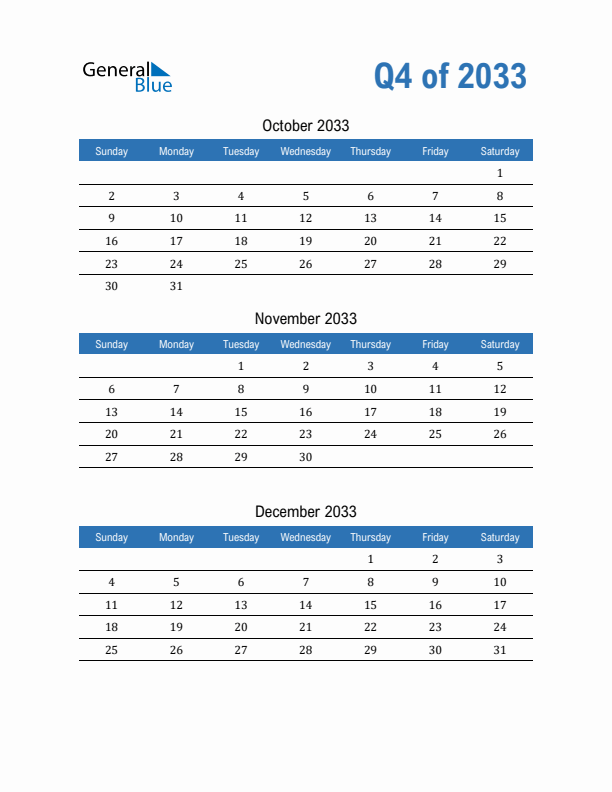 Fillable Quarterly Calendar for Q4 2033