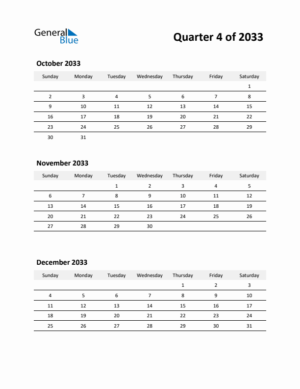 2033 Three-Month Calendar (Quarter 4)