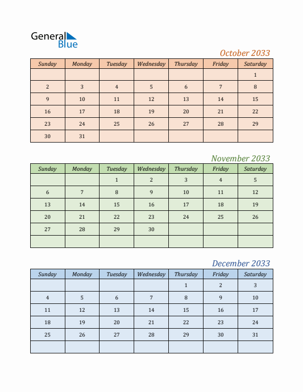 Three-Month Calendar for Year 2033 (October, November, and December)