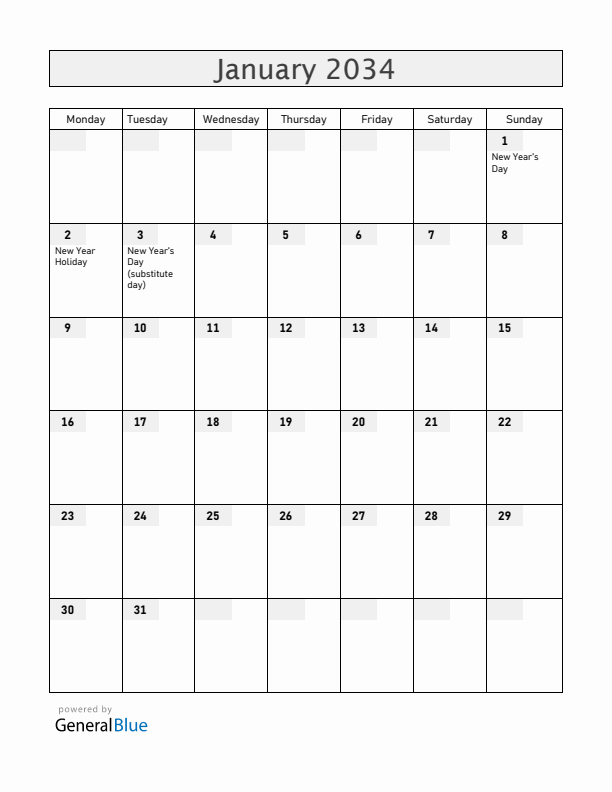 Albania January 2034 Calendar with Holidays