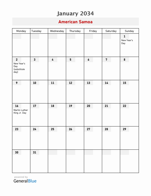 American Samoa January 2034 Calendar with Holidays