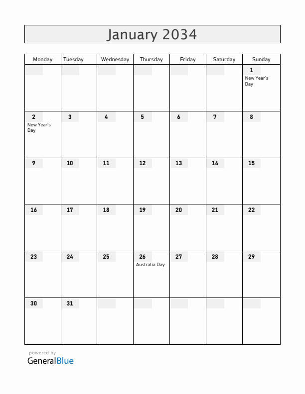 Australia January 2034 Calendar with Holidays