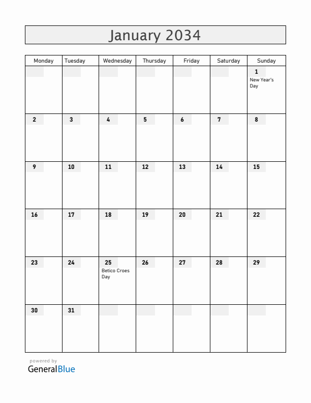 Aruba January 2034 Calendar with Holidays