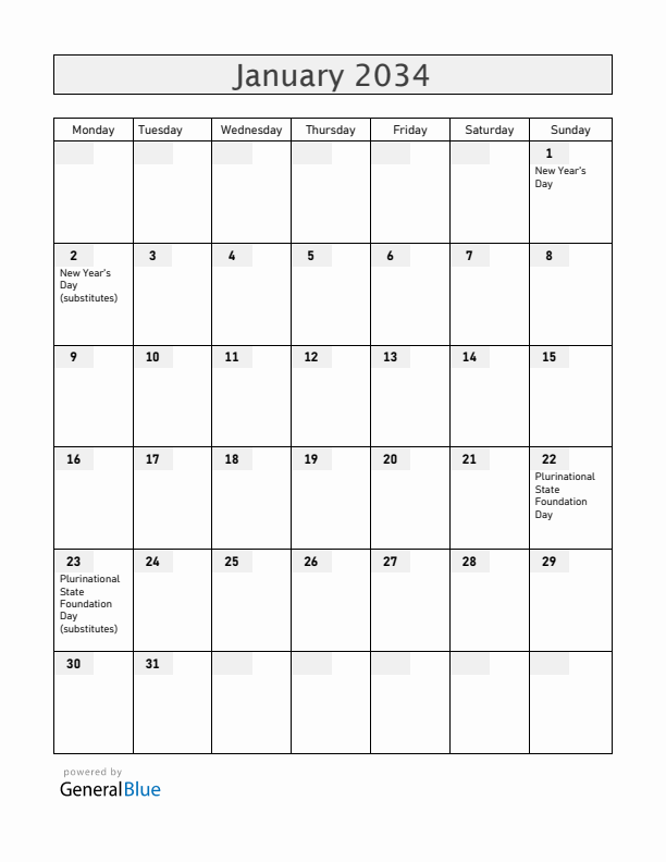 Bolivia January 2034 Calendar with Holidays