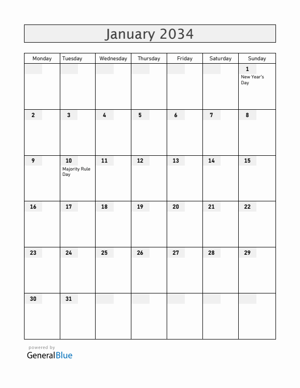 Bahamas January 2034 Calendar with Holidays