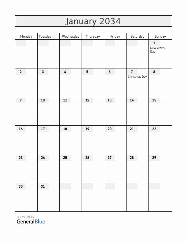 Belarus January 2034 Calendar with Holidays