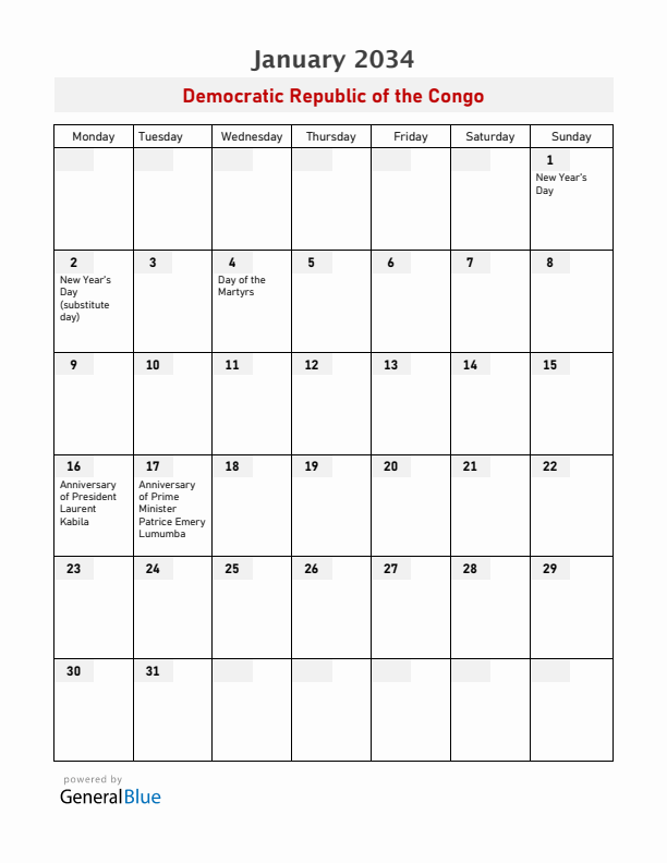 Democratic Republic of the Congo January 2034 Calendar with Holidays