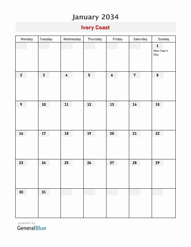 Ivory Coast January 2034 Calendar with Holidays
