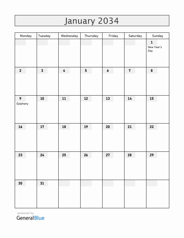 Colombia January 2034 Calendar with Holidays