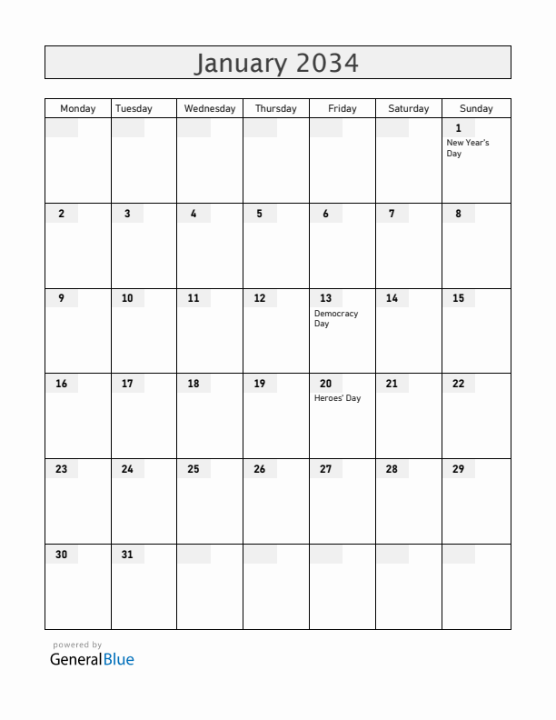 Cabo Verde January 2034 Calendar with Holidays
