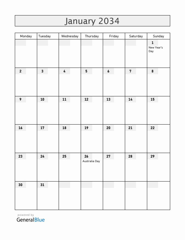 Christmas Island January 2034 Calendar with Holidays
