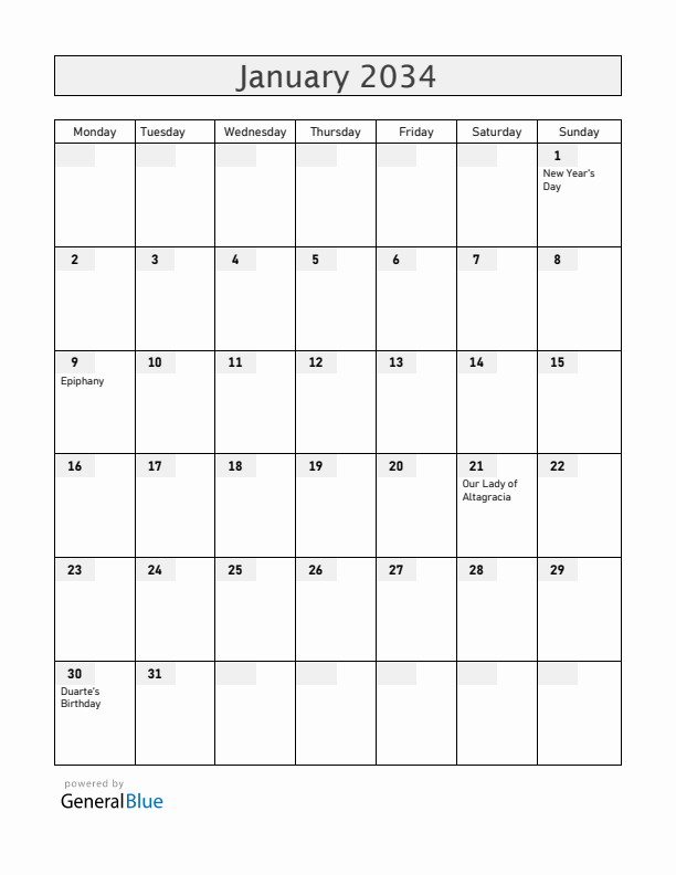Dominican Republic January 2034 Calendar with Holidays