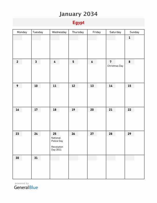 Egypt January 2034 Calendar with Holidays
