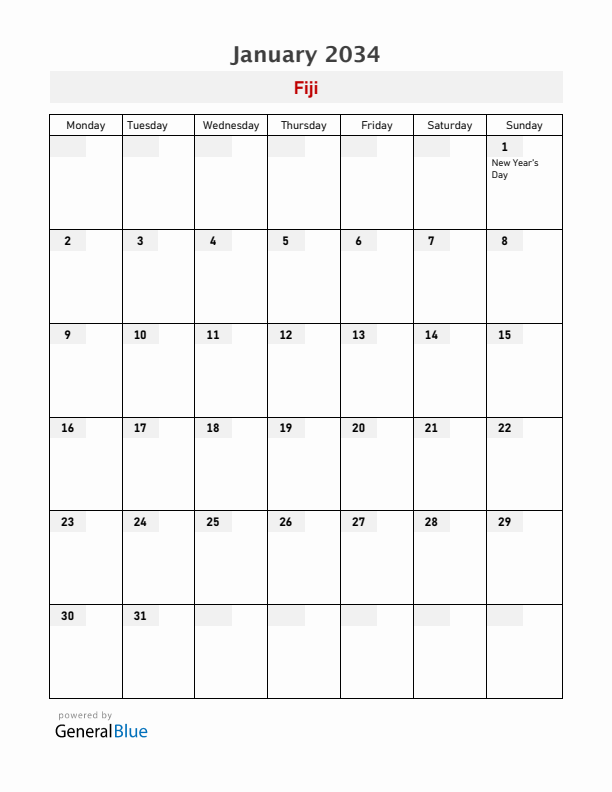 Fiji January 2034 Calendar with Holidays