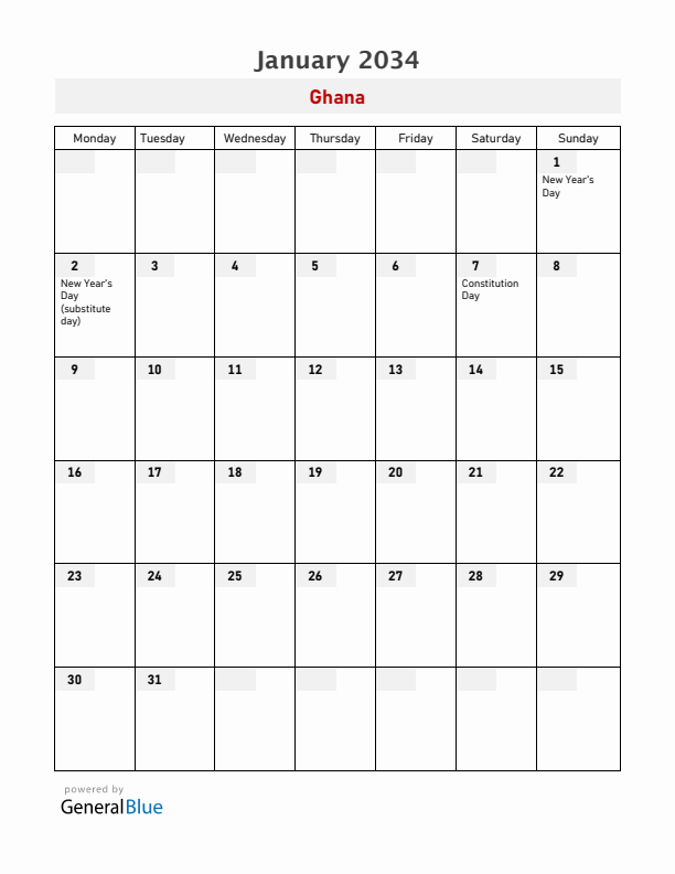 Ghana January 2034 Calendar with Holidays