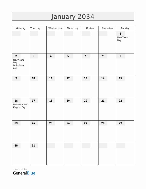 Guam January 2034 Calendar with Holidays