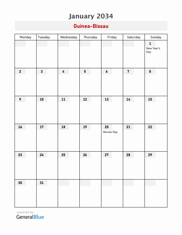 Guinea-Bissau January 2034 Calendar with Holidays