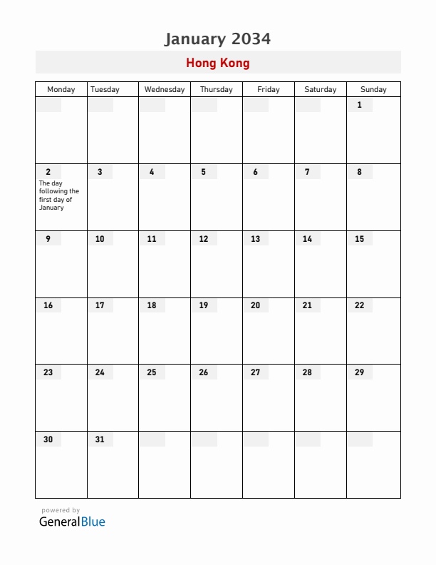 Hong Kong January 2034 Calendar with Holidays