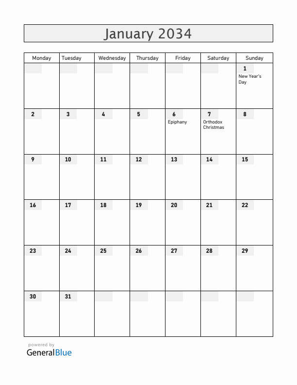 Croatia January 2034 Calendar with Holidays