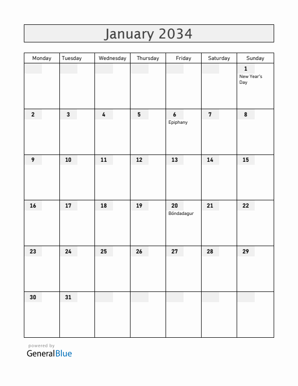 Iceland January 2034 Calendar with Holidays