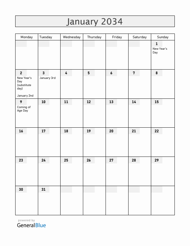 Japan January 2034 Calendar with Holidays