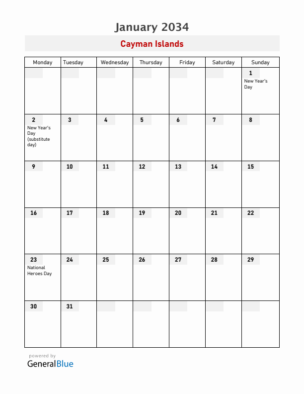 Cayman Islands January 2034 Calendar with Holidays