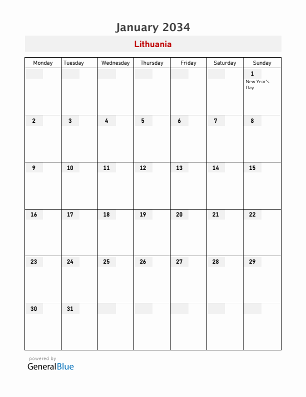 Lithuania January 2034 Calendar with Holidays