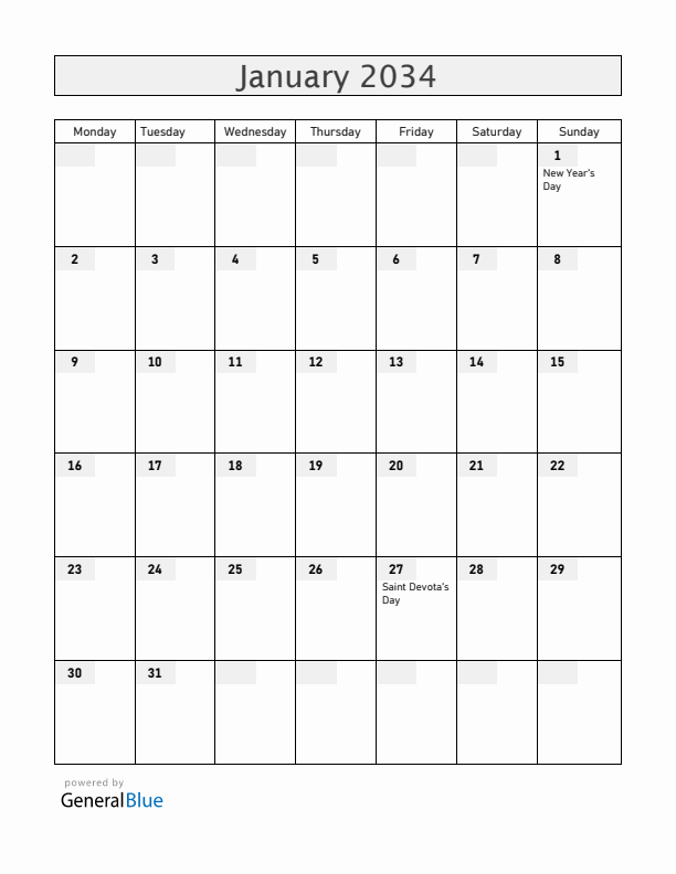 Monaco January 2034 Calendar with Holidays