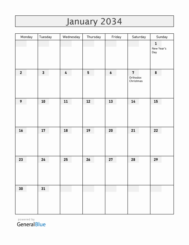 Moldova January 2034 Calendar with Holidays