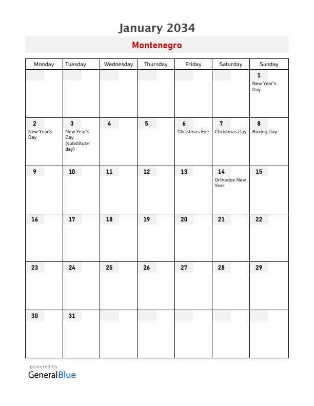Montenegro January 2034 Calendar with Holidays