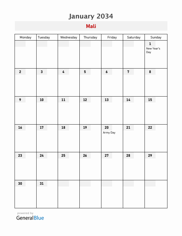 Mali January 2034 Calendar with Holidays