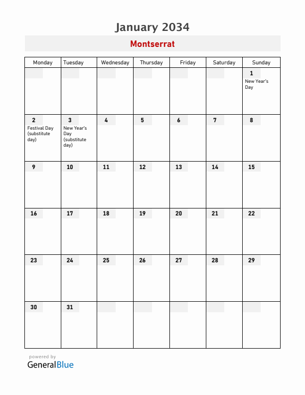 Montserrat January 2034 Calendar with Holidays