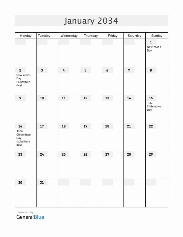 Malawi January 2034 Calendar with Holidays