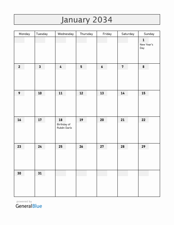 Nicaragua January 2034 Calendar with Holidays