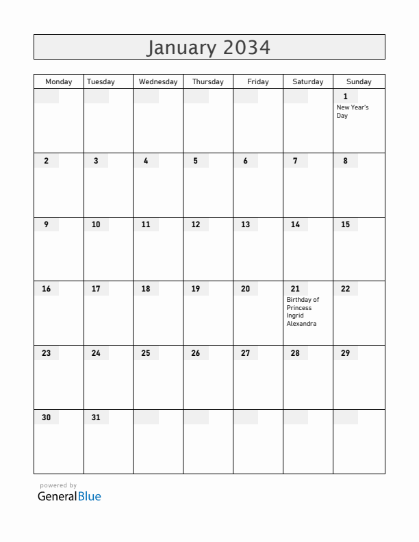 Norway January 2034 Calendar with Holidays