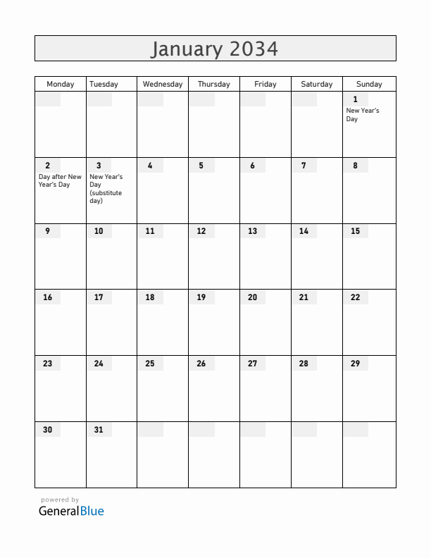 New Zealand January 2034 Calendar with Holidays